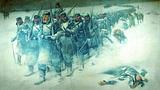 Danske infanterister under tilbagetoget fra Dannevirke natten mellem den 5. og 6. februar 1864. Nederlaget i 1864 var en krisetid for Danmark og blev siden et nationalt traume. Maleri af Erik Henningsen, 1914 (Wikimedia Commons)