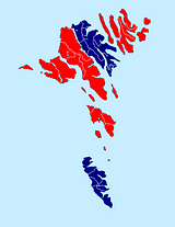 Kort over Færøerne, der viser fordelingen af stemmer efter folkeafstemningen i 1946. Rød viser stemmer for løsrivelse, mens blå viser stemmer imod.&nbsp;