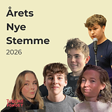 EventÅRETS NYE STEMME 2026 – FINALISTERNE ER FUNDETDe fem finalister er nu fundet efter et succesfuldt jurymøde mandag d. 11. maj. Du kan se, hvem de er, ved at klikke her.Vinderens kåres grundlovsdag på Skamlingsbanken sammen med Museum Kolding.Årets Nye Stemme er en prisuddeling, der hylder ungdommens mod til at tage ordet.Årets Nye Stemme uddeles af Danske Taler i samarbejde med en lang række ungdomsorganisationer og er støttet af Tuborgfondet.&nbsp;